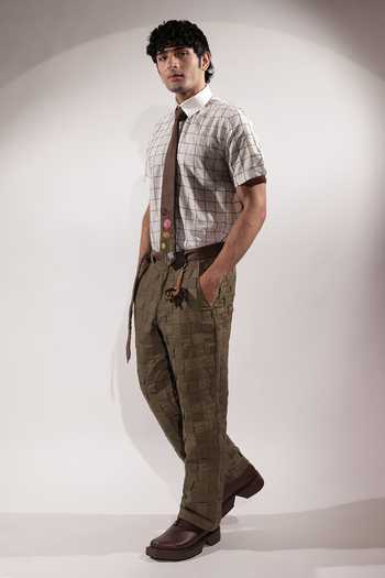 Jubinav Chadha_Olive Green Linen Woven Pant _Online_at_Aza_Fashions