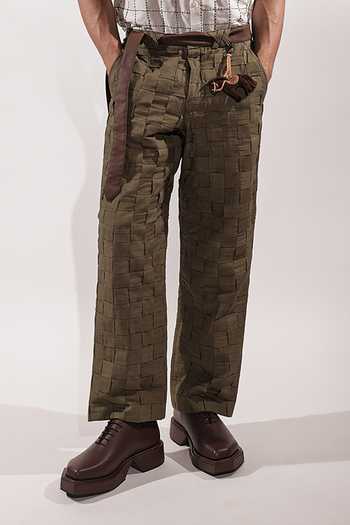 Shop_Jubinav Chadha_Olive Green Linen Woven Pant _Online_at_Aza_Fashions