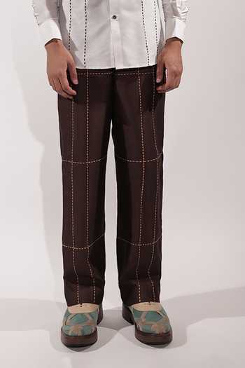 Jubinav Chadha_Brown Silk, Cotton Kantha Grid Embroidered Pant _Online_at_Aza_Fashions