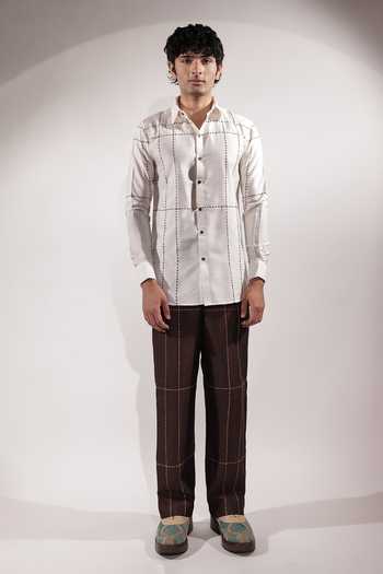 Buy_Jubinav Chadha_Brown Silk, Cotton Kantha Grid Embroidered Pant _Online_at_Aza_Fashions