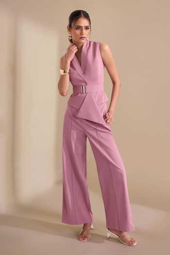 Naintara Bajaj_Pink Lycra V-neck Asymmetric Structured Crisp Waistcoat _Online_at_Aza_Fashions