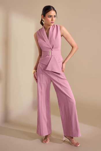 Buy_Naintara Bajaj_Pink Lycra V-neck Asymmetric Structured Crisp Waistcoat _Online_at_Aza_Fashions
