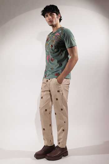 Jubinav Chadha_Green Suede Floral Embroidered T-shirt _Online_at_Aza_Fashions