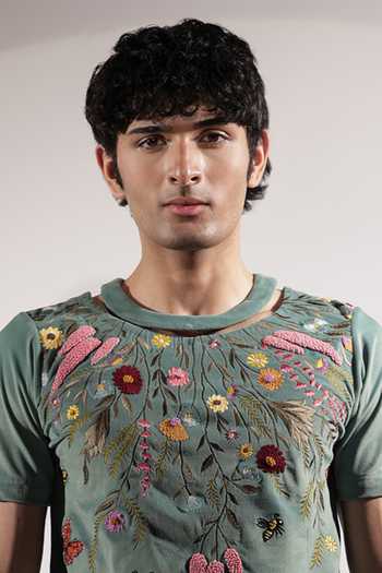 Buy_Jubinav Chadha_Green Suede Floral Embroidered T-shirt _Online_at_Aza_Fashions