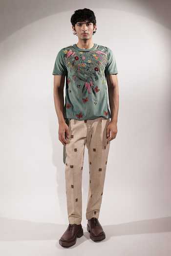 Shop_Jubinav Chadha_Green Suede Floral Embroidered T-shirt _Online_at_Aza_Fashions