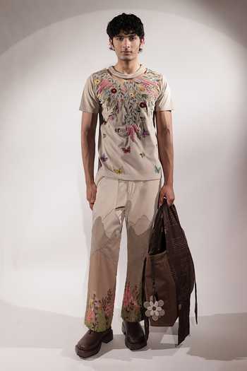 Jubinav Chadha_Beige Suede Floral Embroidered T-shirt _Online_at_Aza_Fashions