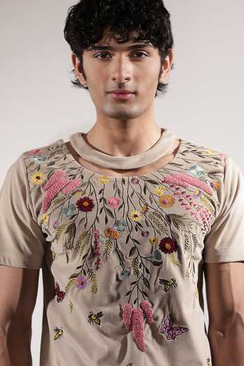 Buy_Jubinav Chadha_Beige Suede Floral Embroidered T-shirt _Online_at_Aza_Fashions