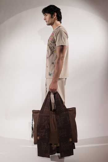 Jubinav Chadha_Beige Suede Floral Embroidered T-shirt _at_Aza_Fashions