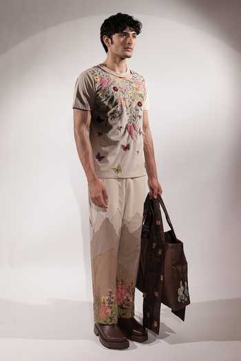 Buy_Jubinav Chadha_Beige Suede Floral Embroidered T-shirt 
