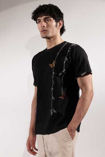 Buy_Jubinav Chadha_Black Cotton 3d Butterflies And Kantha Embroidered T-shirt _Online_at_Aza_Fashions