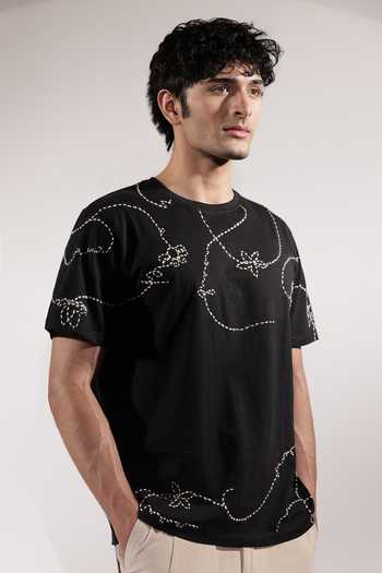 Shop_Jubinav Chadha_Black Cotton Kantha Embroidered T-shirt _Online_at_Aza_Fashions