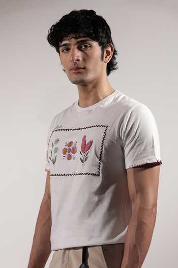 Jubinav Chadha_White Cotton Stamp Floral Embroidered T-shirt _Online_at_Aza_Fashions