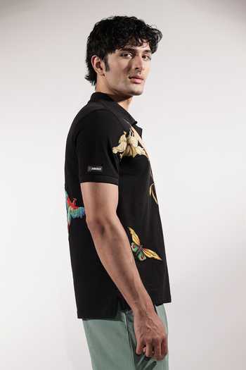 Buy_Jubinav Chadha_Black Cotton Bird And Floral Patchwork T-shirt _Online_at_Aza_Fashions