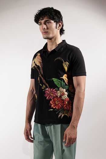 Jubinav Chadha_Black Cotton Bird And Floral Patchwork T-shirt _at_Aza_Fashions