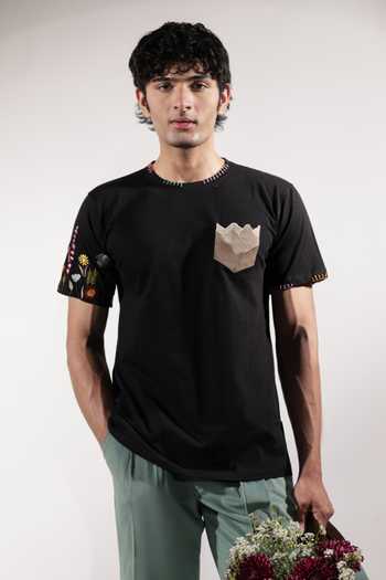 Jubinav Chadha_Black Cotton Patchwork Pocket Embroidered T-shirt _Online_at_Aza_Fashions