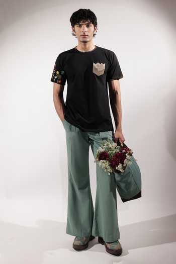 Buy_Jubinav Chadha_Black Cotton Patchwork Pocket Embroidered T-shirt _Online_at_Aza_Fashions