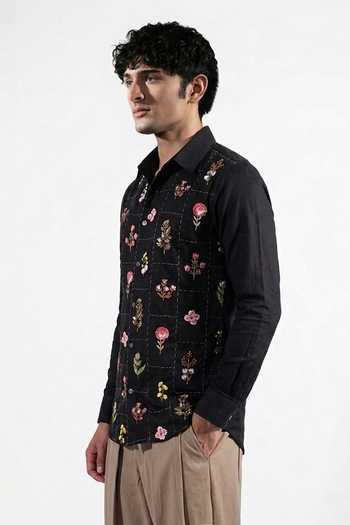 Jubinav Chadha_Black Cotton, Lycra Floral Embroidered Shirt _Online_at_Aza_Fashions