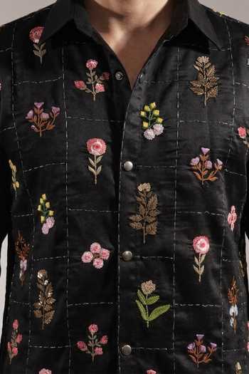 Buy_Jubinav Chadha_Black Cotton, Lycra Floral Embroidered Shirt _Online_at_Aza_Fashions