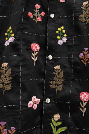 Shop_Jubinav Chadha_Black Cotton, Lycra Floral Embroidered Shirt _Online_at_Aza_Fashions