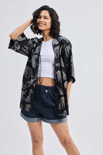 Shop_Reistor_Black Cotton V-neck Animal Print Jacket _Online_at_Aza_Fashions