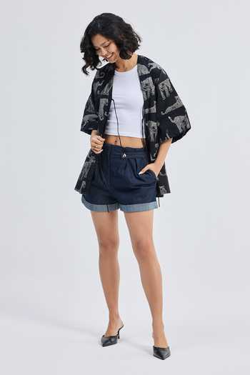 Reistor_Black Cotton V-neck Animal Print Jacket _at_Aza_Fashions