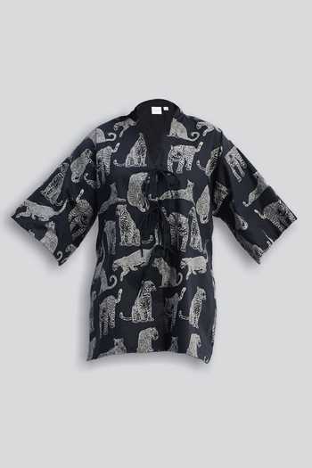 Buy_Reistor_Black Cotton V-neck Animal Print Jacket 