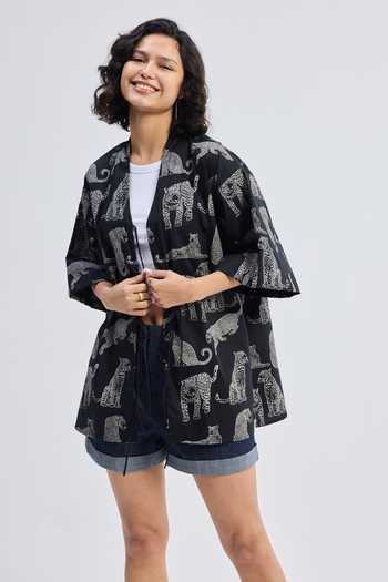 Shop_Reistor_Black Cotton V-neck Animal Print Jacket 