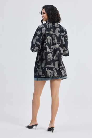 Reistor_Black Cotton V-neck Animal Print Jacket _Online_at_Aza_Fashions