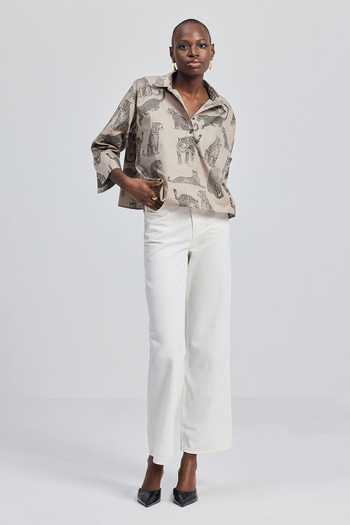 Buy_Reistor_Grey Cotton Collared Animal Print Cropped Shirt _Online_at_Aza_Fashions