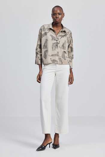 Shop_Reistor_Grey Cotton Collared Animal Print Cropped Shirt _Online_at_Aza_Fashions