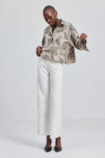 Reistor_Grey Cotton Collared Animal Print Cropped Shirt _at_Aza_Fashions