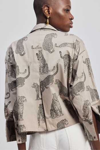 Reistor_Grey Cotton Collared Animal Print Cropped Shirt _Online_at_Aza_Fashions