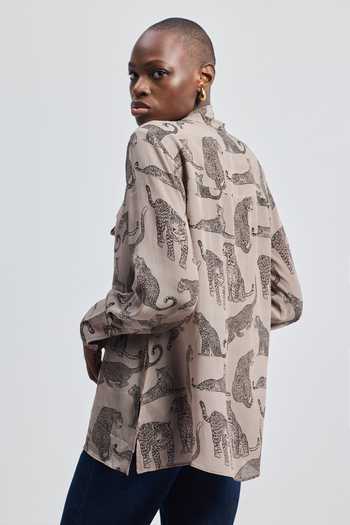Reistor_Grey Bemberg High Neck Animal Print Shirt _Online_at_Aza_Fashions