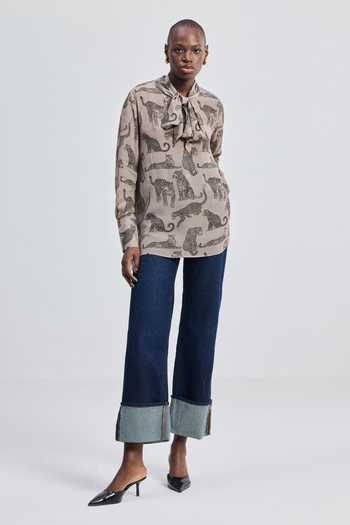 Reistor_Grey Bemberg High Neck Animal Print Shirt _at_Aza_Fashions