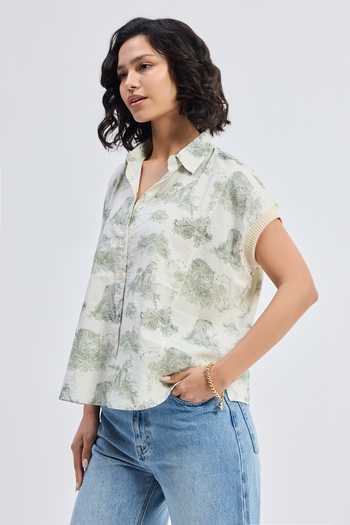 Reistor_Grey Cotton V-neck, Collared Animal Print Shirt _at_Aza_Fashions