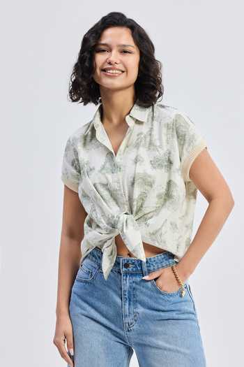 Buy_Reistor_Grey Cotton V-neck, Collared Animal Print Shirt 