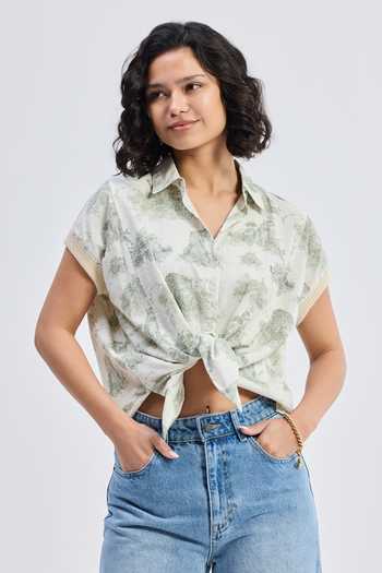 Shop_Reistor_Grey Cotton V-neck, Collared Animal Print Shirt 