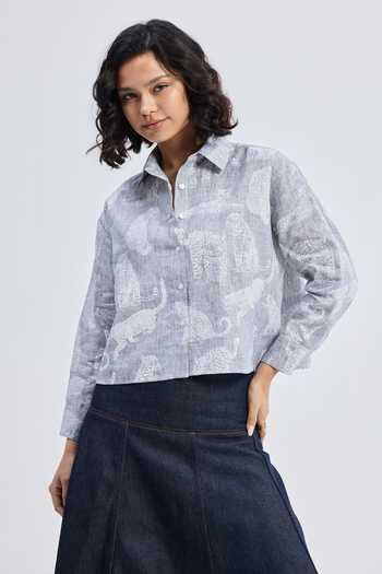 Shop_Reistor_Navy Linen Collared Animal Print Shirt _Online_at_Aza_Fashions