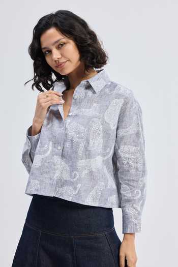 Reistor_Navy Linen Collared Animal Print Shirt _at_Aza_Fashions