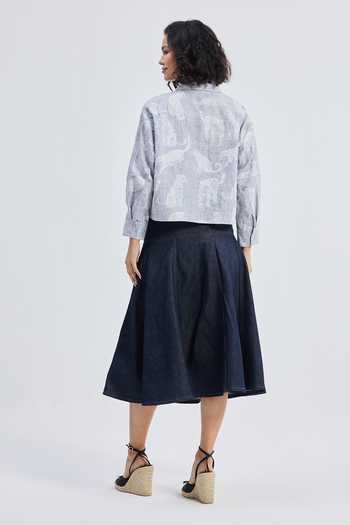 Reistor_Navy Linen Collared Animal Print Shirt _Online_at_Aza_Fashions