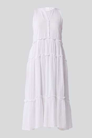 Reistor_White Cotton Mandarin Collar Textured Eyelet Dress _Online_at_Aza_Fashions
