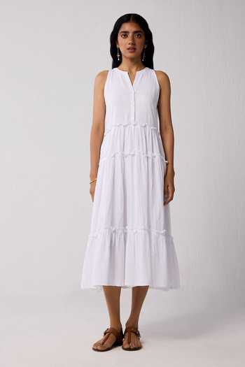 Buy_Reistor_White Cotton Mandarin Collar Textured Eyelet Dress _Online_at_Aza_Fashions