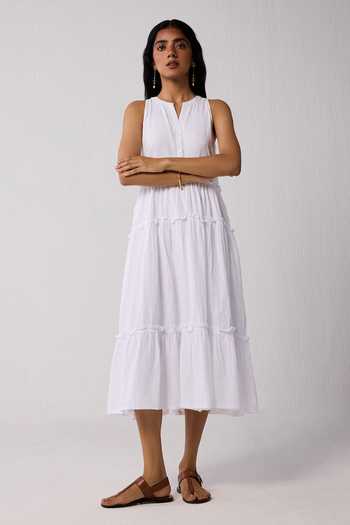 Shop_Reistor_White Cotton Mandarin Collar Textured Eyelet Dress _Online_at_Aza_Fashions