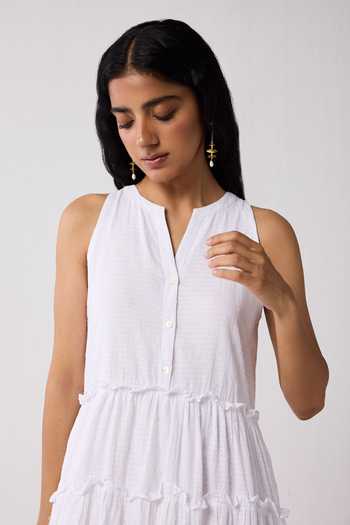 Reistor_White Cotton Mandarin Collar Textured Eyelet Dress _at_Aza_Fashions