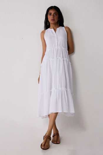 Buy_Reistor_White Cotton Mandarin Collar Textured Eyelet Dress 
