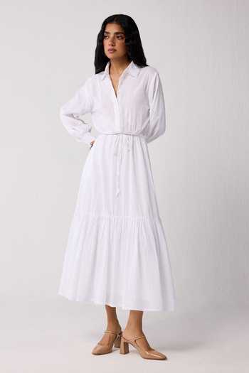 Reistor_White Cotton Collared Embroidered Tiered Dress _at_Aza_Fashions