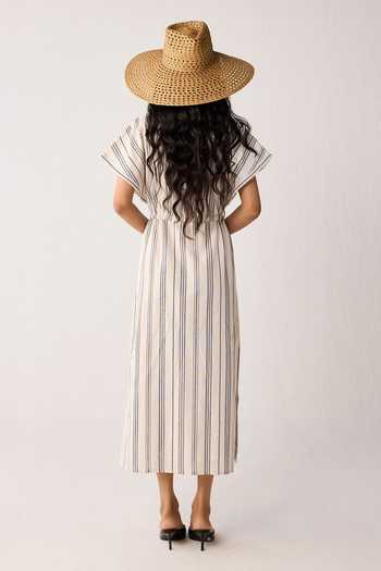 Reistor_Off White Cotton V-neck Maxi Gathered Dress _Online_at_Aza_Fashions