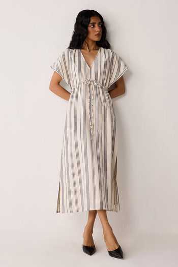 Buy_Reistor_Off White Cotton V-neck Maxi Gathered Dress _Online_at_Aza_Fashions
