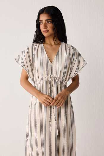 Shop_Reistor_Off White Cotton V-neck Maxi Gathered Dress _Online_at_Aza_Fashions