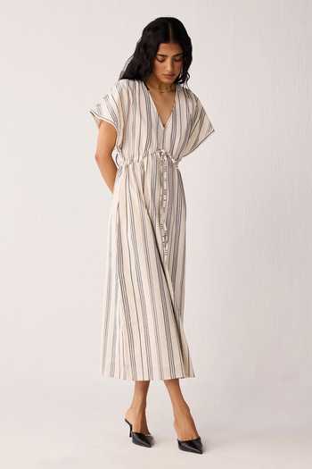 Reistor_Off White Cotton V-neck Maxi Gathered Dress _at_Aza_Fashions